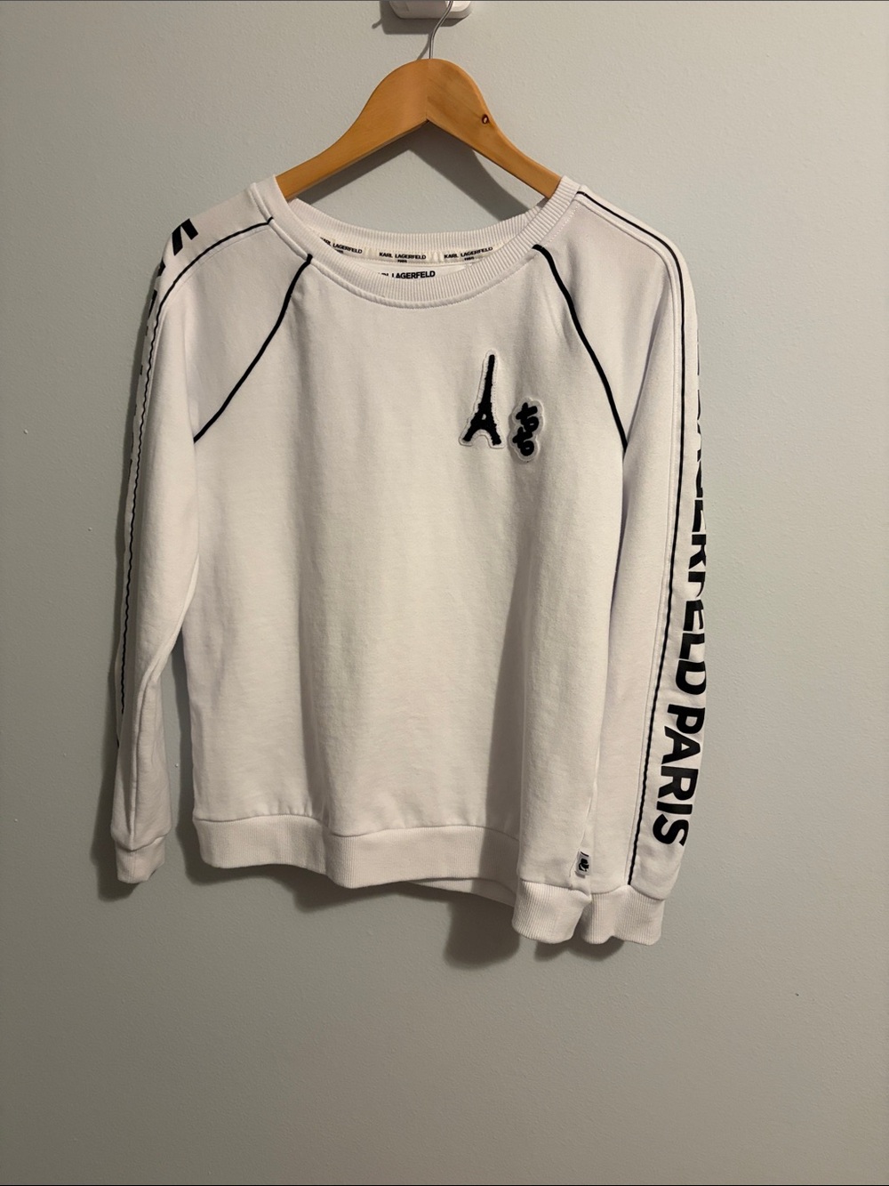 Karl Lagerfeld White Crewneck Sweater with Black Logo Trim
